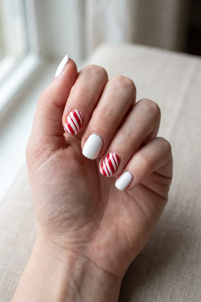 White Christmas nails with red candy cane stripe accent nails