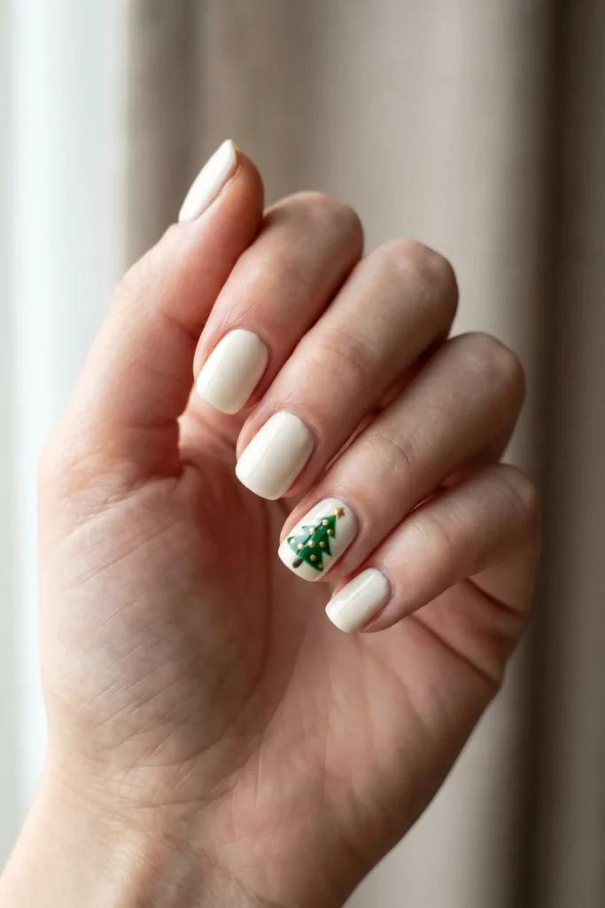 Cream Christmas nails with a minimal green tree accent design