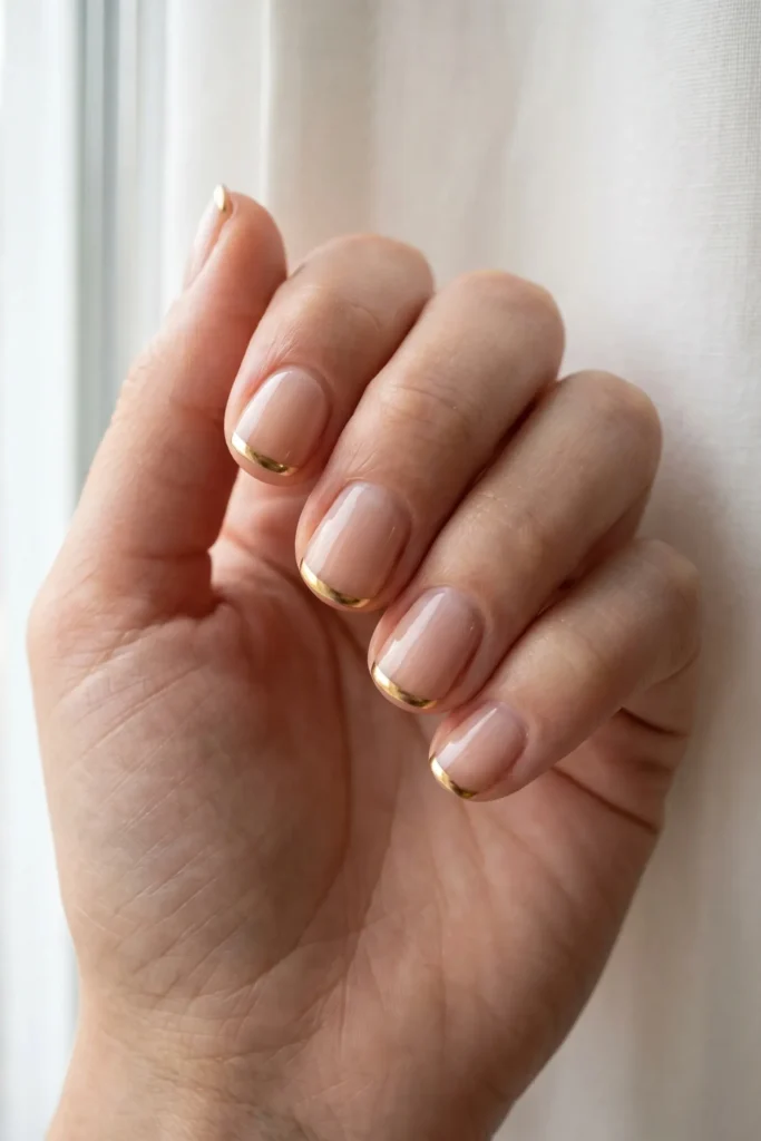 Nude Christmas nails with a reverse French gold cuticle band