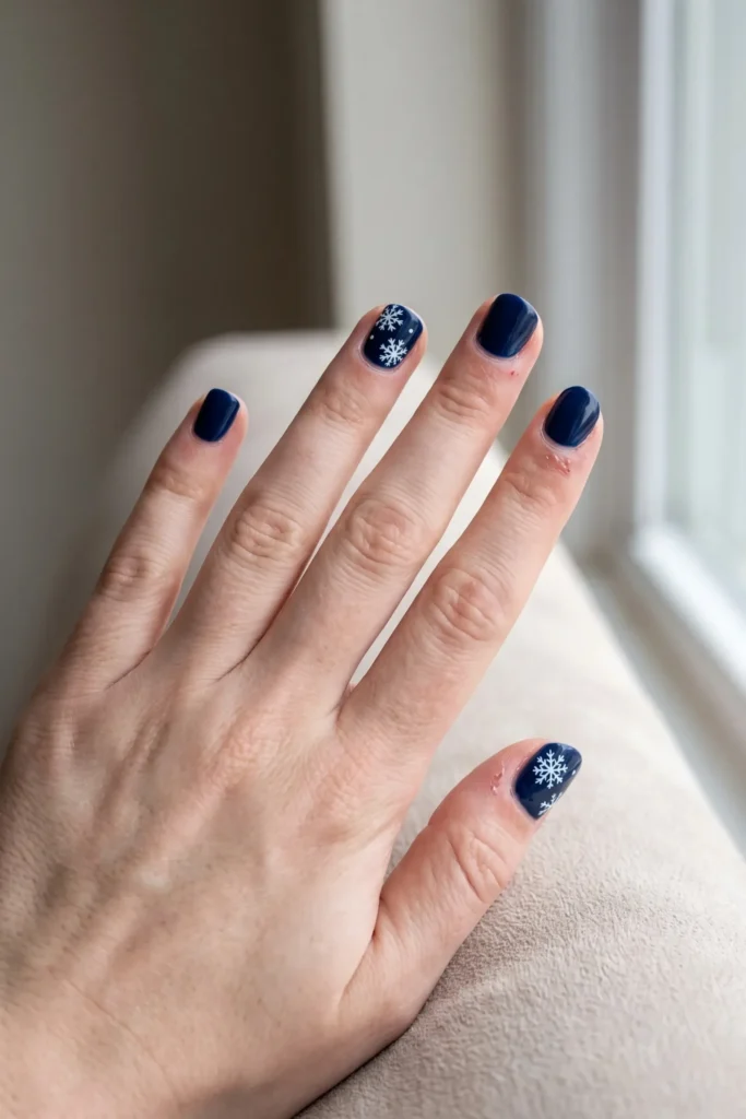 Navy Christmas nails with a simple white snowflake accent