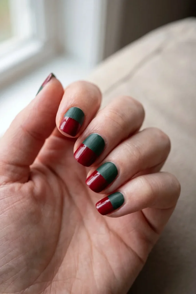 Christmas nails colorblocked in red and green
