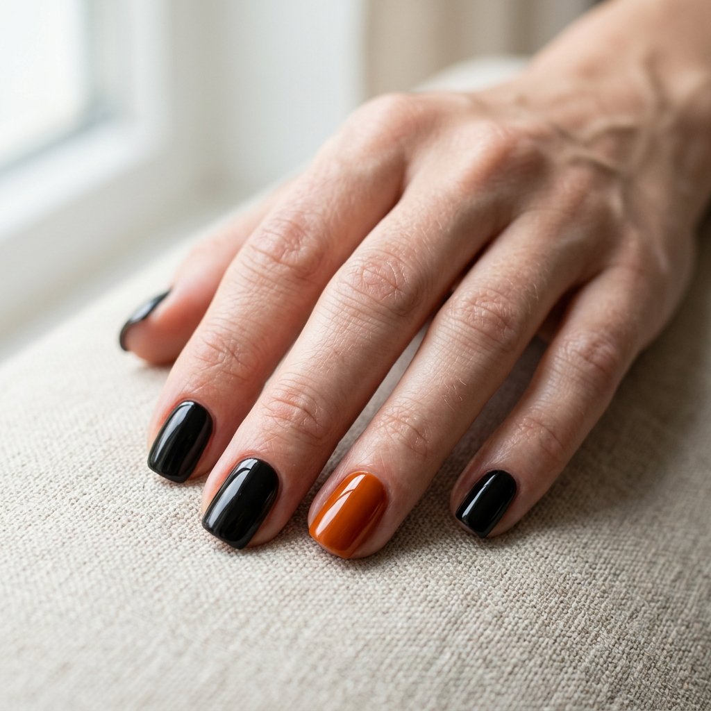 Glossy black manicure with a single deep orange accent nail