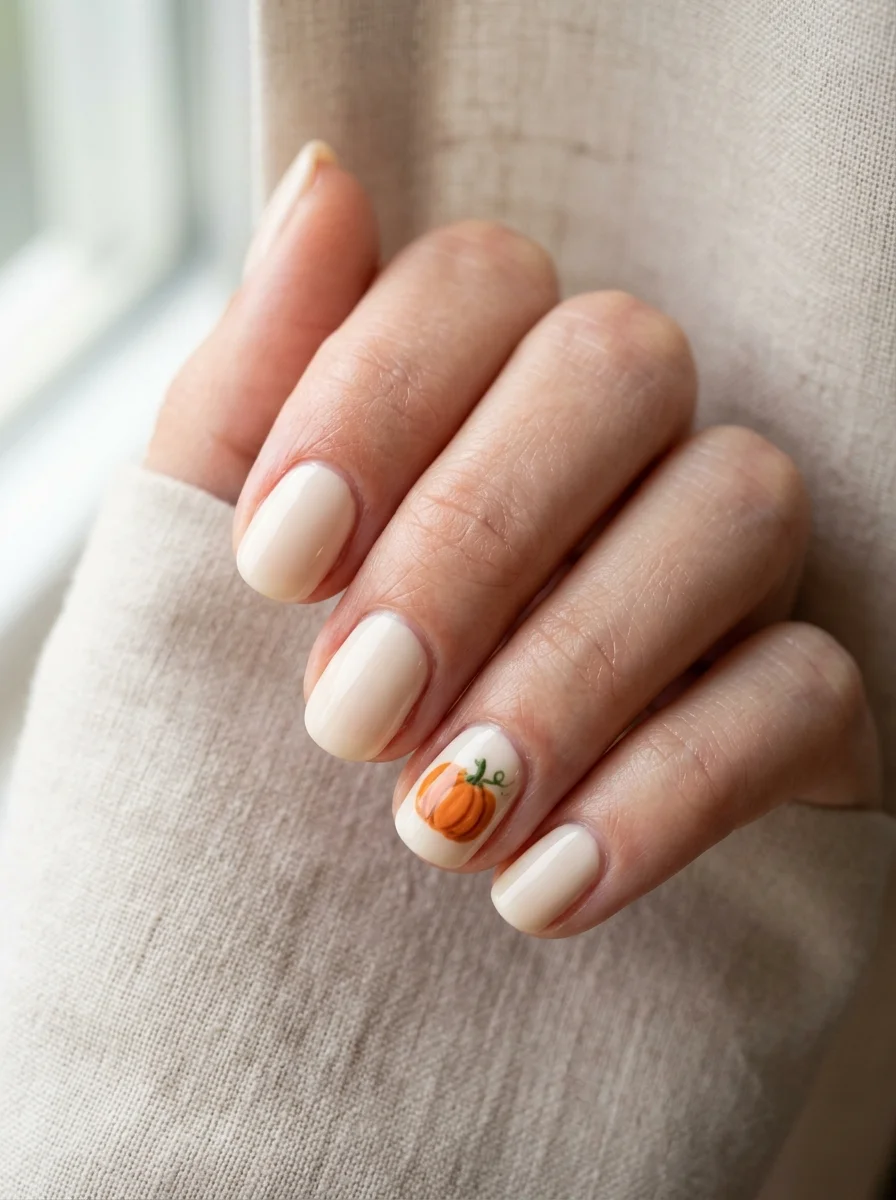 Photorealistic close-up of a hand with cream nails with one small round orange pumpkin and green stem on an accent nail