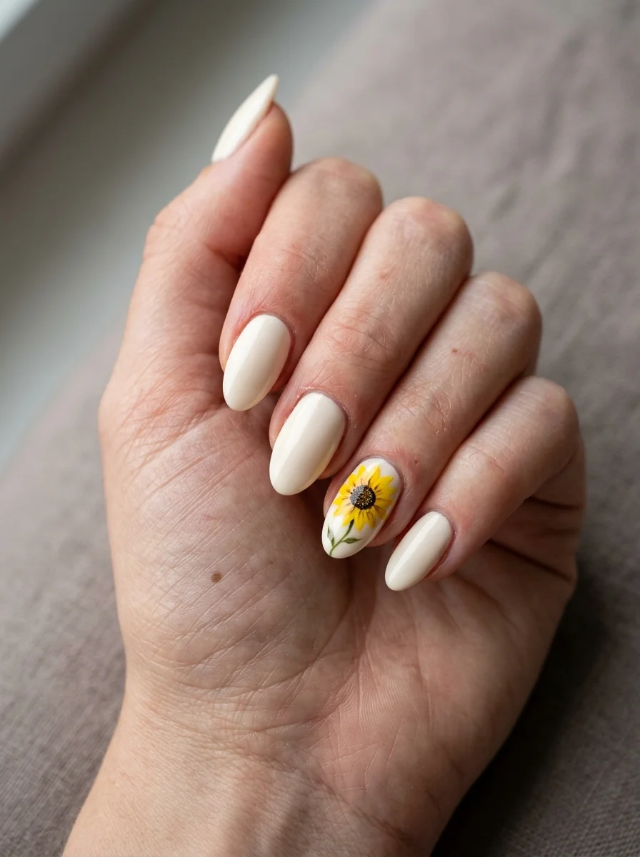Photorealistic close-up of a hand with short almond nails painted soft cream, the ring fingernail featuring a single hand-painted yellow sunflower with a dark brown center and slightly uneven petals, soft diffused window light, clean neutral background, shot slightly from above, vertical 4:5 crop, sharp macro focus on the nails, realistic skin and cuticle detail, no text, no watermark