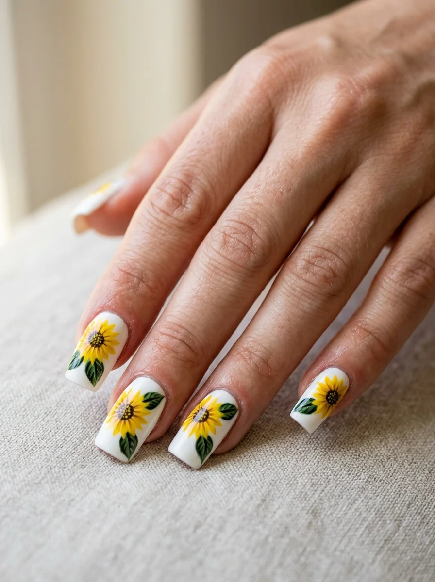 Photorealistic close-up of a hand with medium square nails in opaque white, each nail painted with a yellow sunflower with a brown center and two pointed deep green leaves, soft diffused window light, clean neutral background, shot slightly from above, vertical 4:5 crop, sharp macro focus on the nails, realistic skin and cuticle detail, no text, no watermark