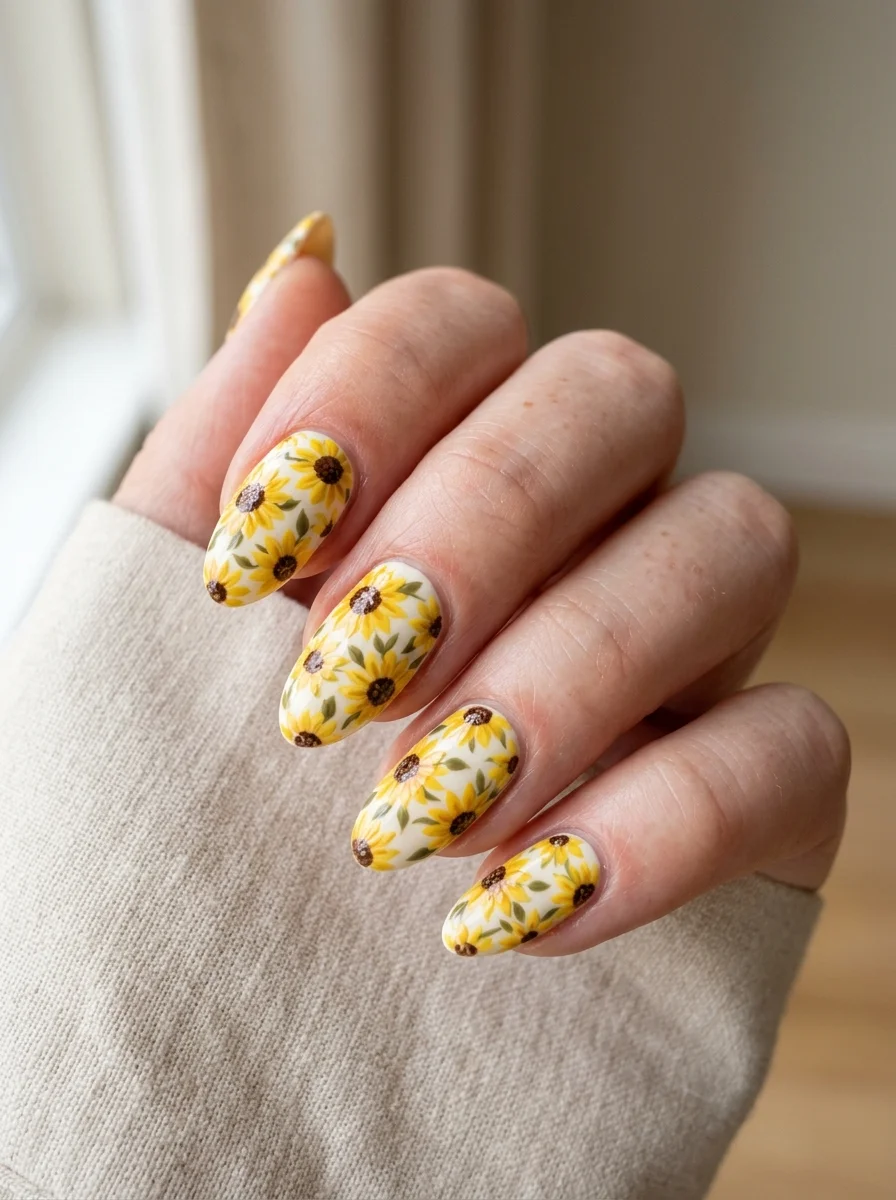 Photorealistic close-up of a hand with medium almond nails in cream, each nail covered in many small overlapping yellow sunflowers of varying sizes with brown centers and olive foliage between them, some blooms cropped by the nail edge, soft diffused window light, clean neutral background, vertical 4:5 crop, sharp macro focus on the nails, realistic skin and cuticle detail, no text, no watermark