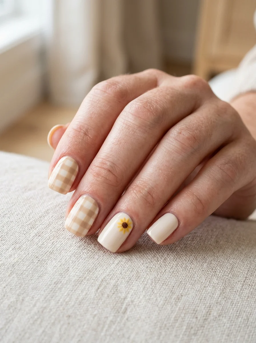 Photorealistic close-up of a hand with short square nails, three nails painted with a soft cream and tan gingham check pattern and one plain cream nail carrying a single yellow sunflower with a brown center, soft diffused window light, clean neutral background, vertical 4:5 crop, sharp macro focus on the nails, realistic skin and cuticle detail, no text, no watermark
