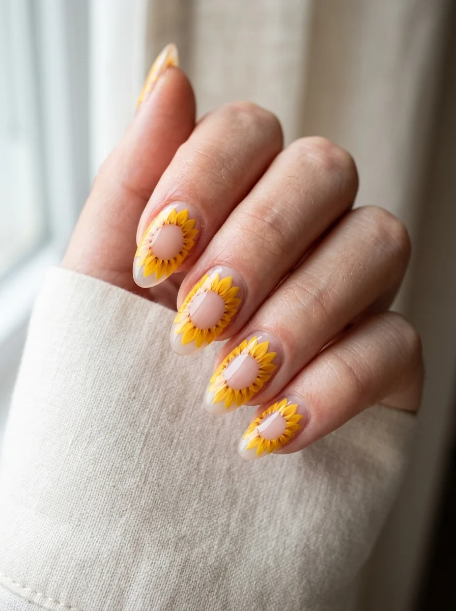 Photorealistic close-up of a hand with medium almond nails wearing only clear base coat, each nail painted with a ring of golden yellow sunflower petals surrounding a bare unpainted center, soft diffused window light, clean neutral background, shot slightly from above, vertical 4:5 crop, sharp macro focus on the nails, realistic skin and cuticle detail, no text, no watermark