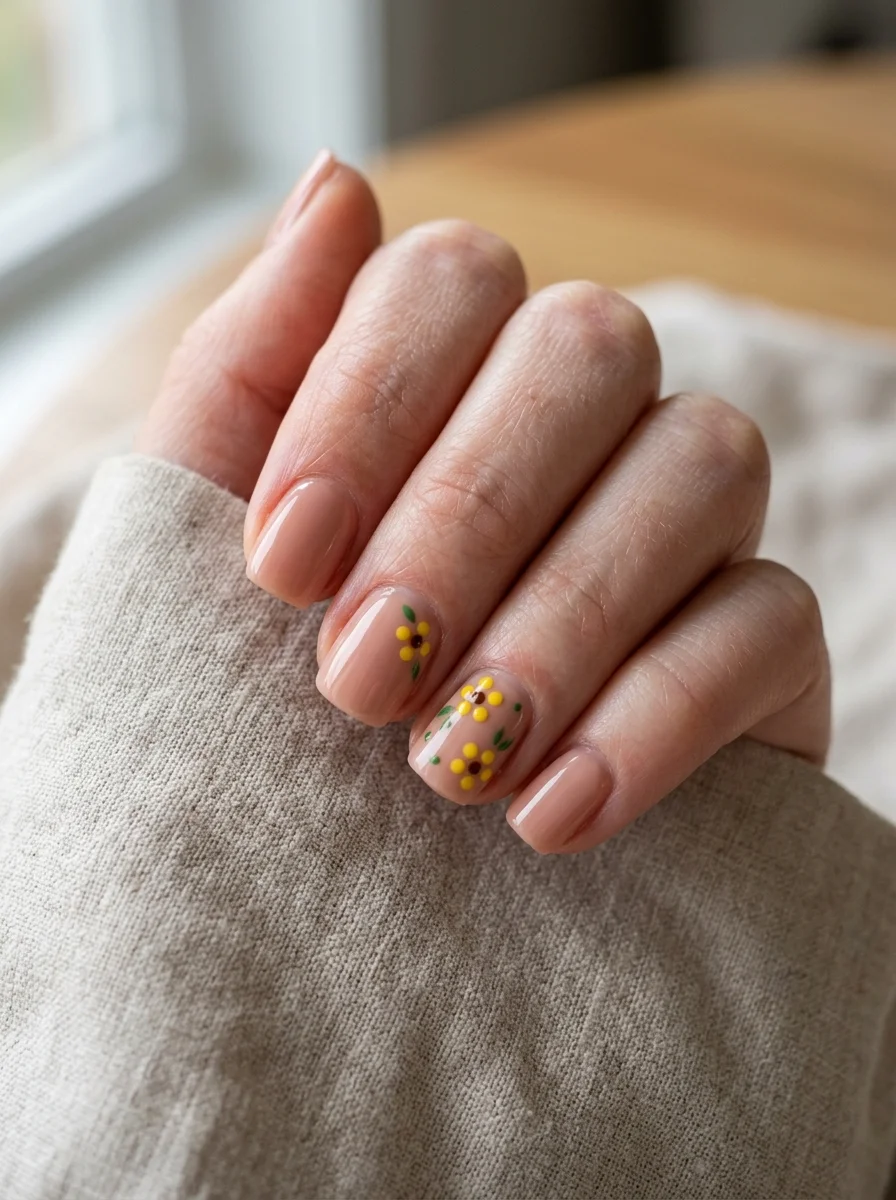 Photorealistic close-up of a hand with short square nails in a warm nude, two accent nails showing simple flowers made of six yellow dots around a single brown dot, soft diffused window light, clean neutral background, shot slightly from above, vertical 4:5 crop, sharp macro focus on the nails, realistic skin and cuticle detail, no text, no watermark
