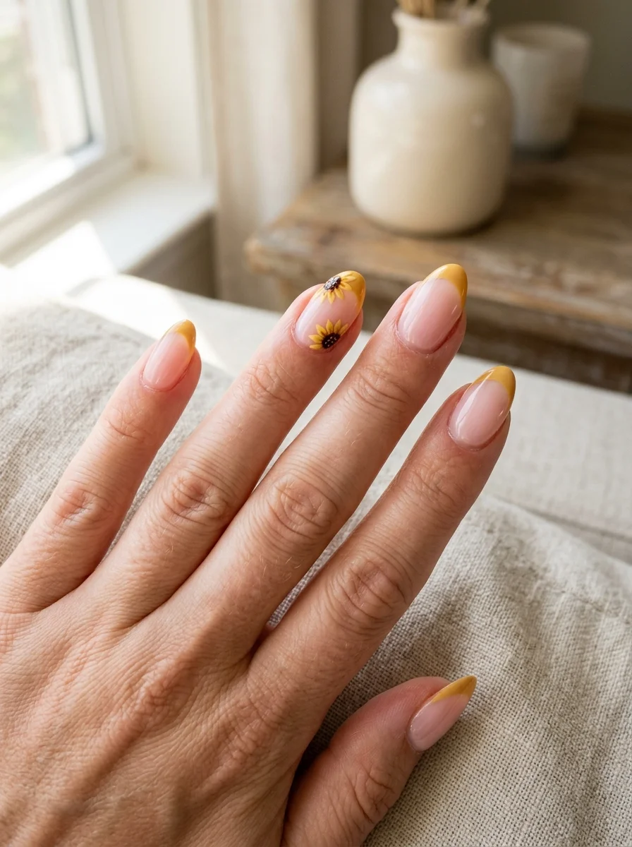 Photorealistic close-up of a hand with medium almond nails in a sheer pink base with golden yellow french tips, two nails showing a small painted sunflower resting where the tip meets the nail, soft diffused window light, clean neutral background, shot slightly from above, vertical 4:5 crop, sharp macro focus on the nails, realistic skin and cuticle detail, no text, no watermark