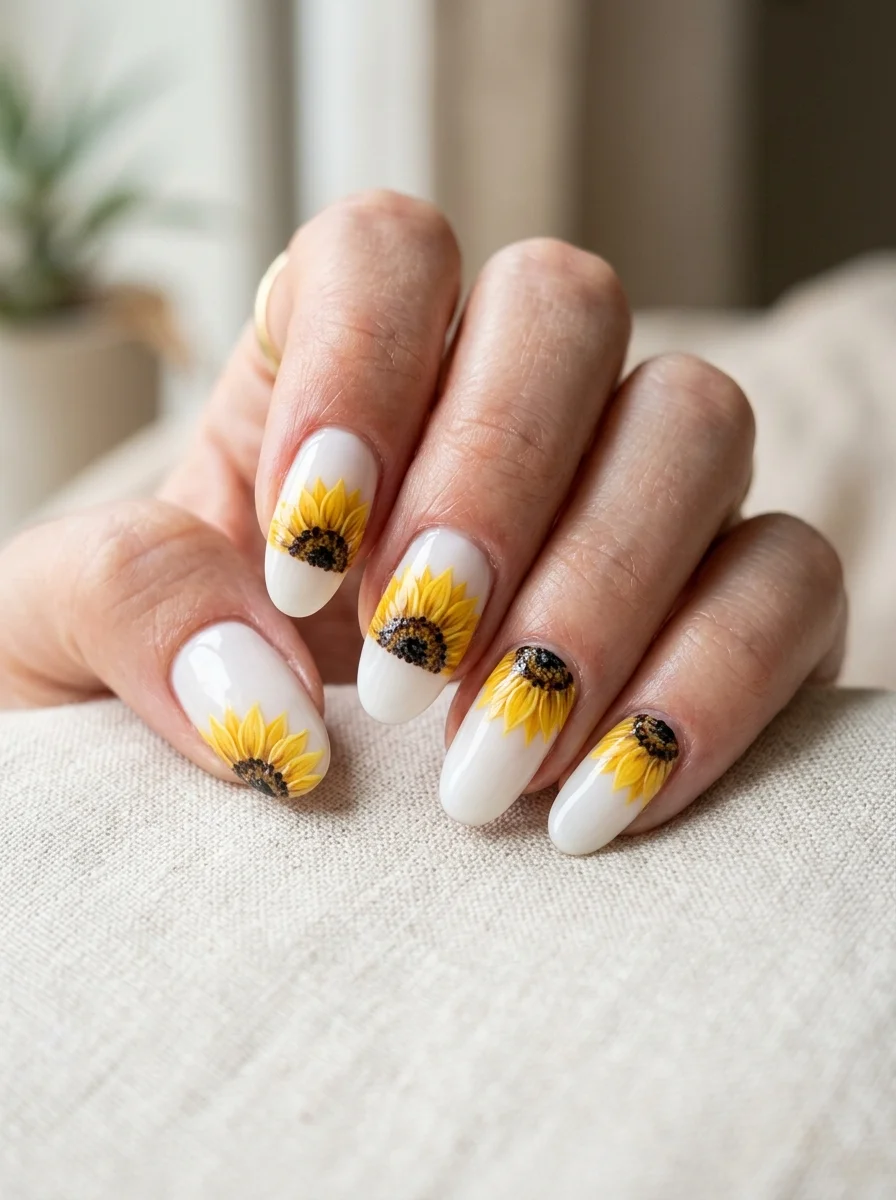 Photorealistic close-up of a hand with medium oval nails in milky white, each nail showing the top half of a yellow sunflower emerging from the cuticle line with a partial brown center, soft diffused window light, clean neutral background, shot slightly from above, vertical 4:5 crop, sharp macro focus on the nails, realistic skin and cuticle detail, no text, no watermark