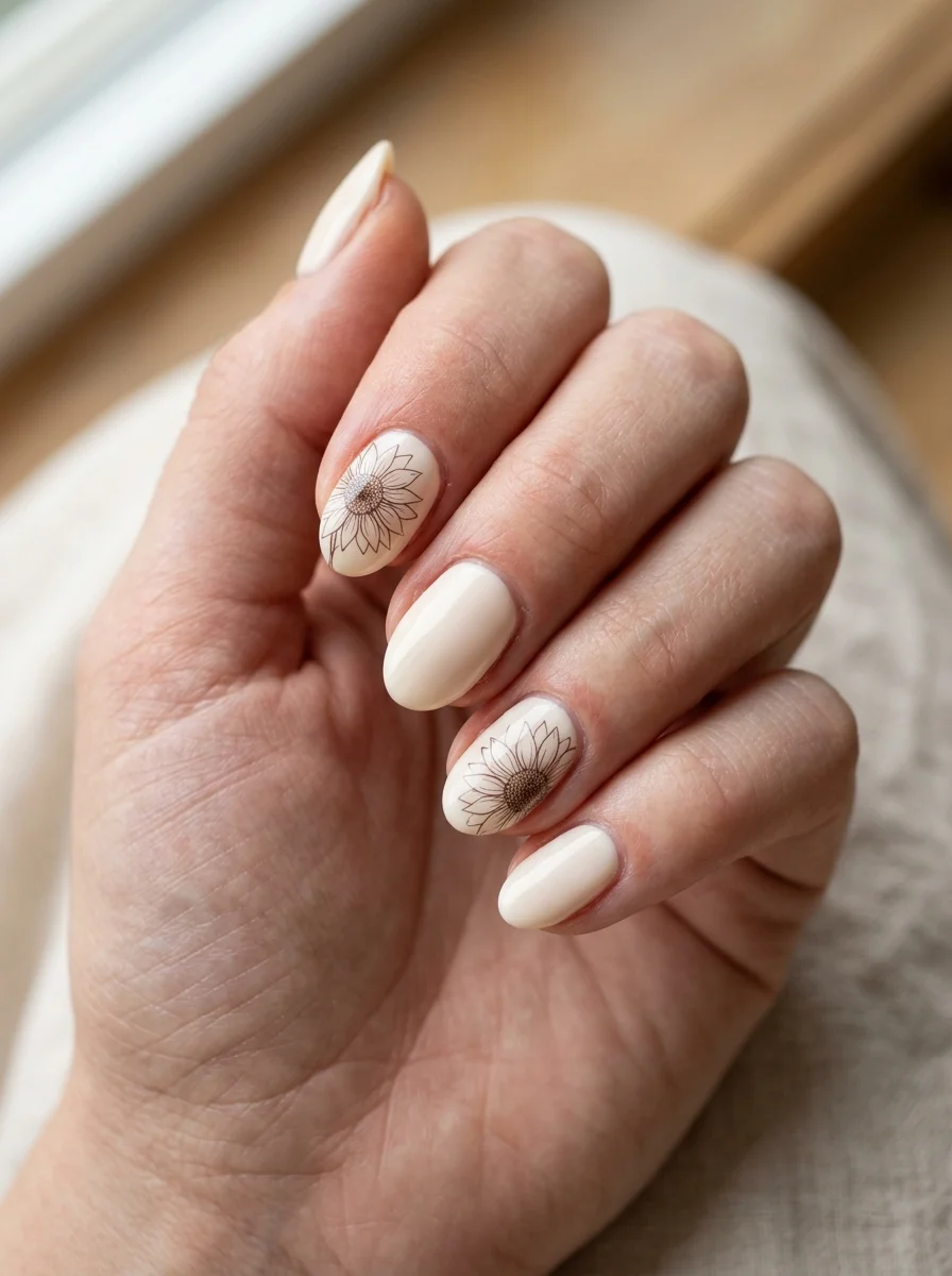 Photorealistic close-up of a hand with short almond nails in soft cream, two accent nails showing a fine dark brown line drawing of a sunflower with unfilled petals, soft diffused window light, clean neutral background, shot slightly from above, vertical 4:5 crop, sharp macro focus on the nails, realistic skin and cuticle detail, no text, no watermark