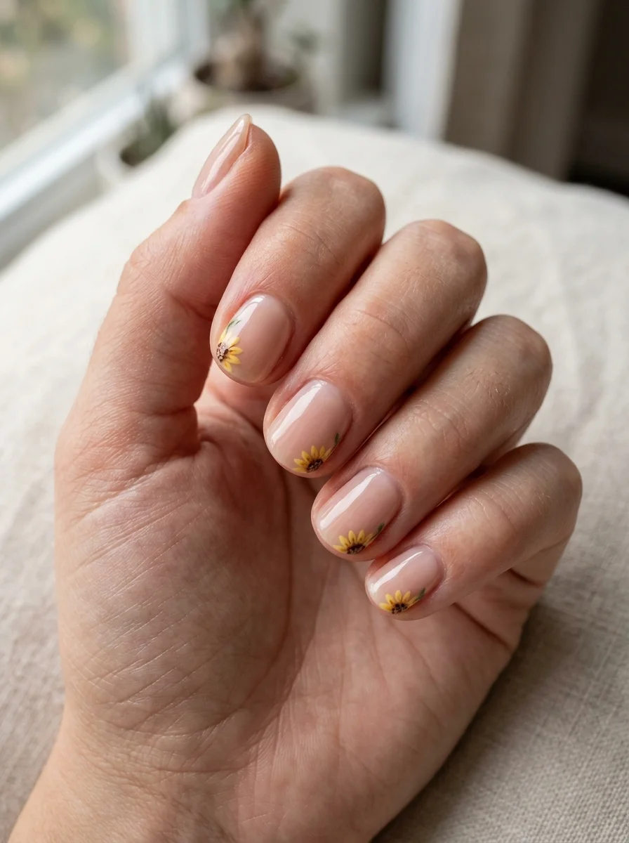 Photorealistic close-up of a hand with short round nails in sheer nude, each nail showing one very small yellow sunflower in the lower outer corner near the side wall, soft diffused window light, clean neutral background, shot slightly from above, vertical 4:5 crop, sharp macro focus on the nails, realistic skin and cuticle detail, no text, no watermark