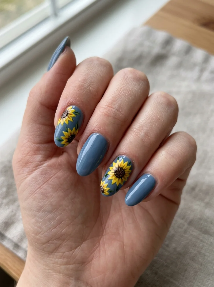 Photorealistic close-up of a hand with medium almond nails in a muted dusty denim blue, two accent nails painted with yellow sunflowers with dark brown centers, soft diffused window light, clean neutral background, shot slightly from above, vertical 4:5 crop, sharp macro focus on the nails, realistic skin and cuticle detail, no text, no watermark