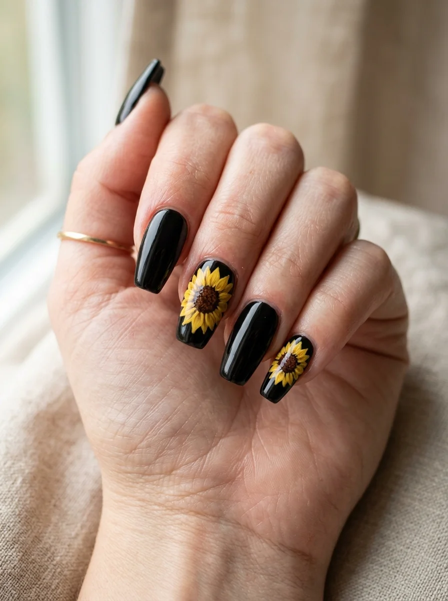 Photorealistic close-up of a hand with medium coffin nails in glossy black, two accent nails showing a single golden yellow sunflower with a dark brown center and no leaves, soft diffused window light, clean neutral background, shot slightly from above, vertical 4:5 crop, sharp macro focus on the nails, realistic skin and cuticle detail, no text, no watermark