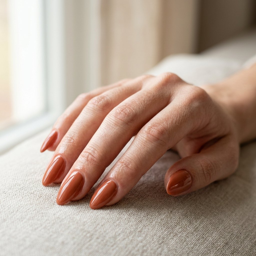 Full coverage warm terracotta manicure on glossy almond nails