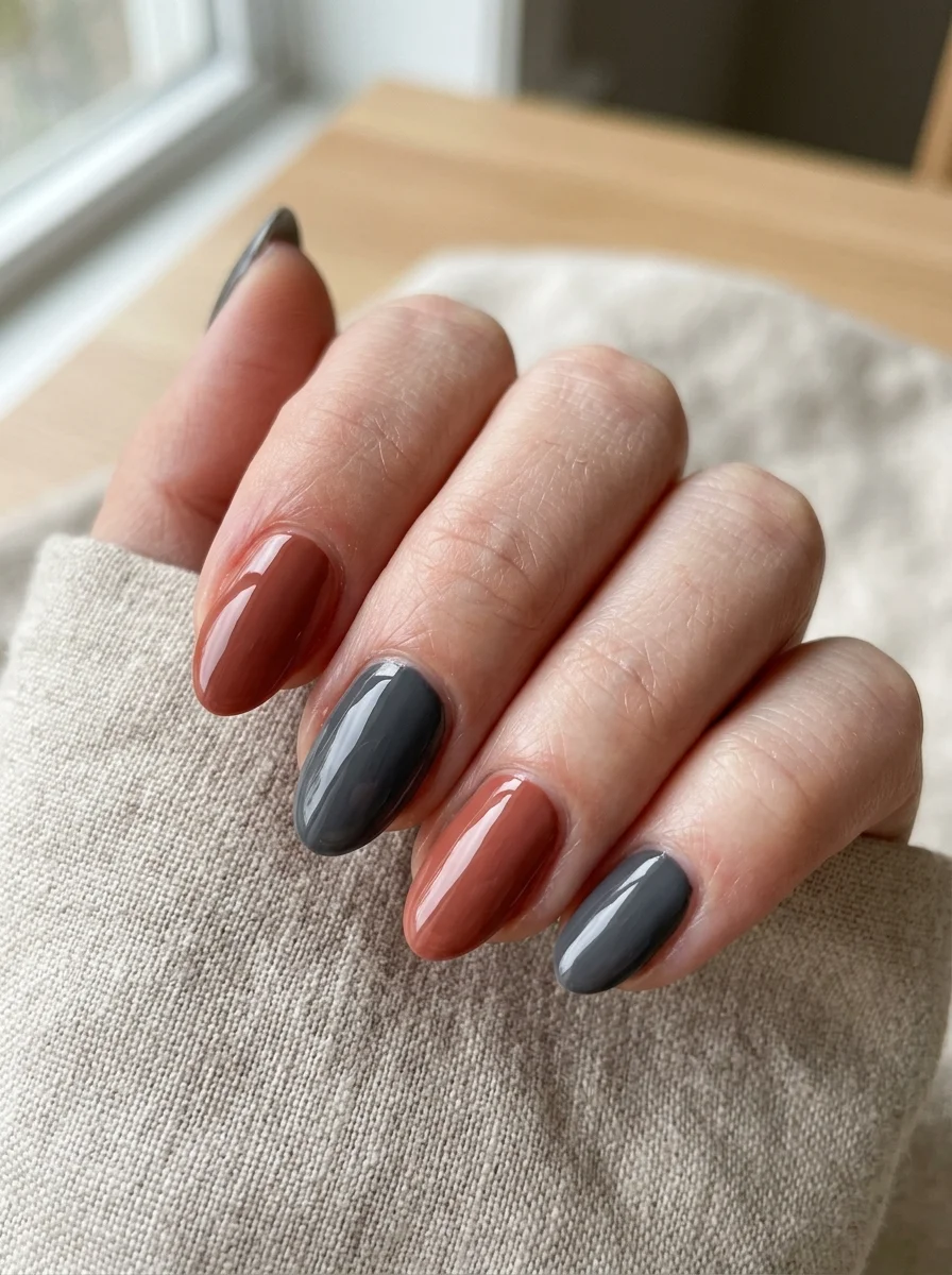 Photorealistic close-up of a hand with nails alternating between muted terracotta and soft charcoal gray with a glossy finish