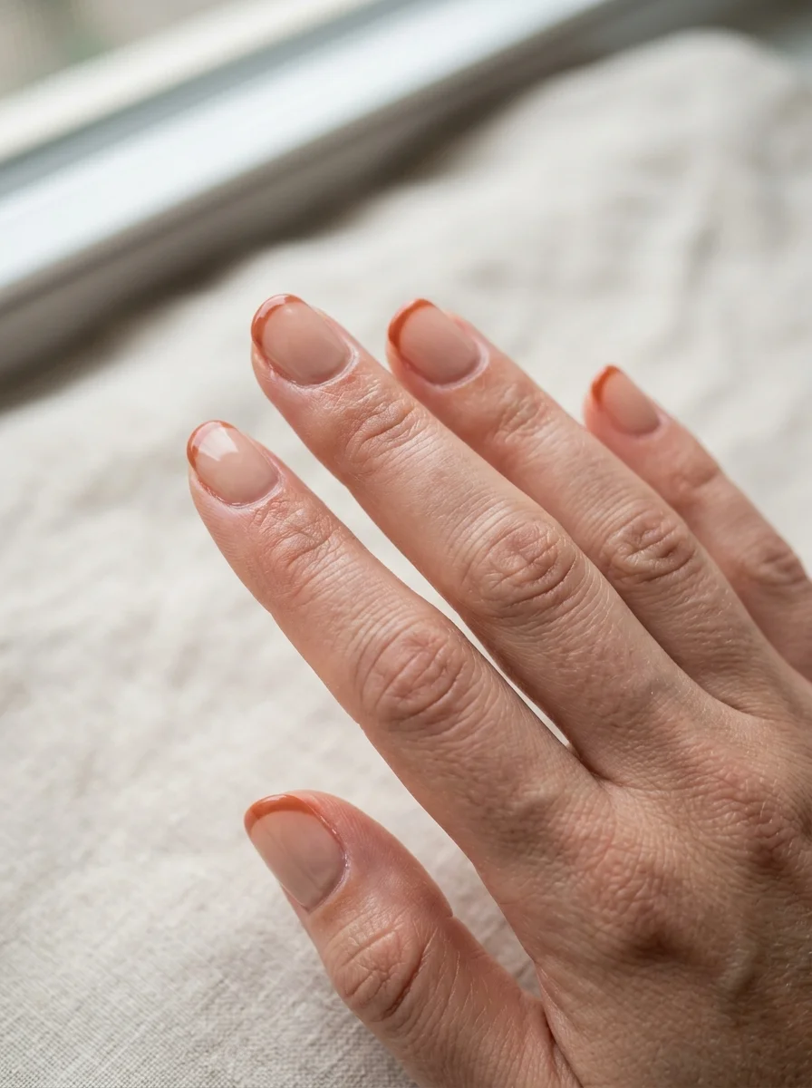 Photorealistic close-up of a hand with nude nails with clean terracotta French tips