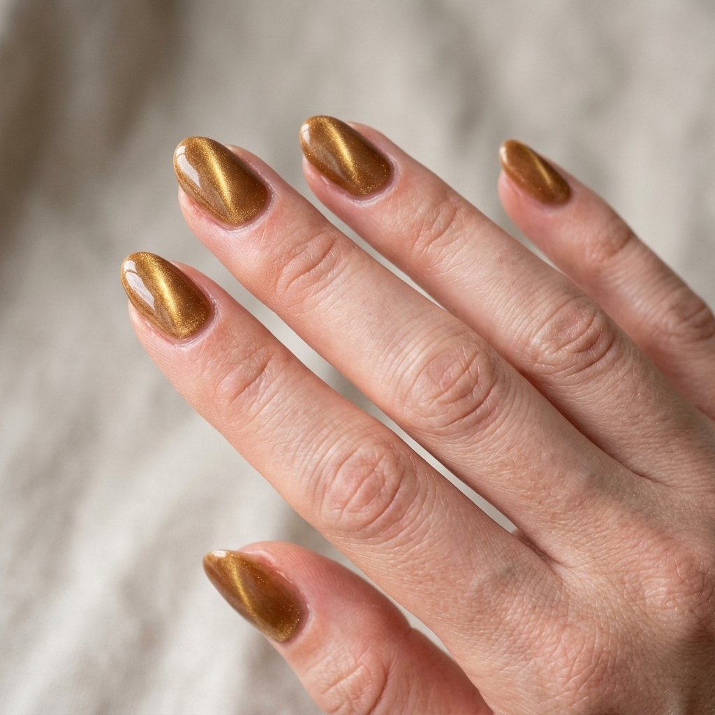 Golden toffee brown magnetic cat eye nails with reflective light band