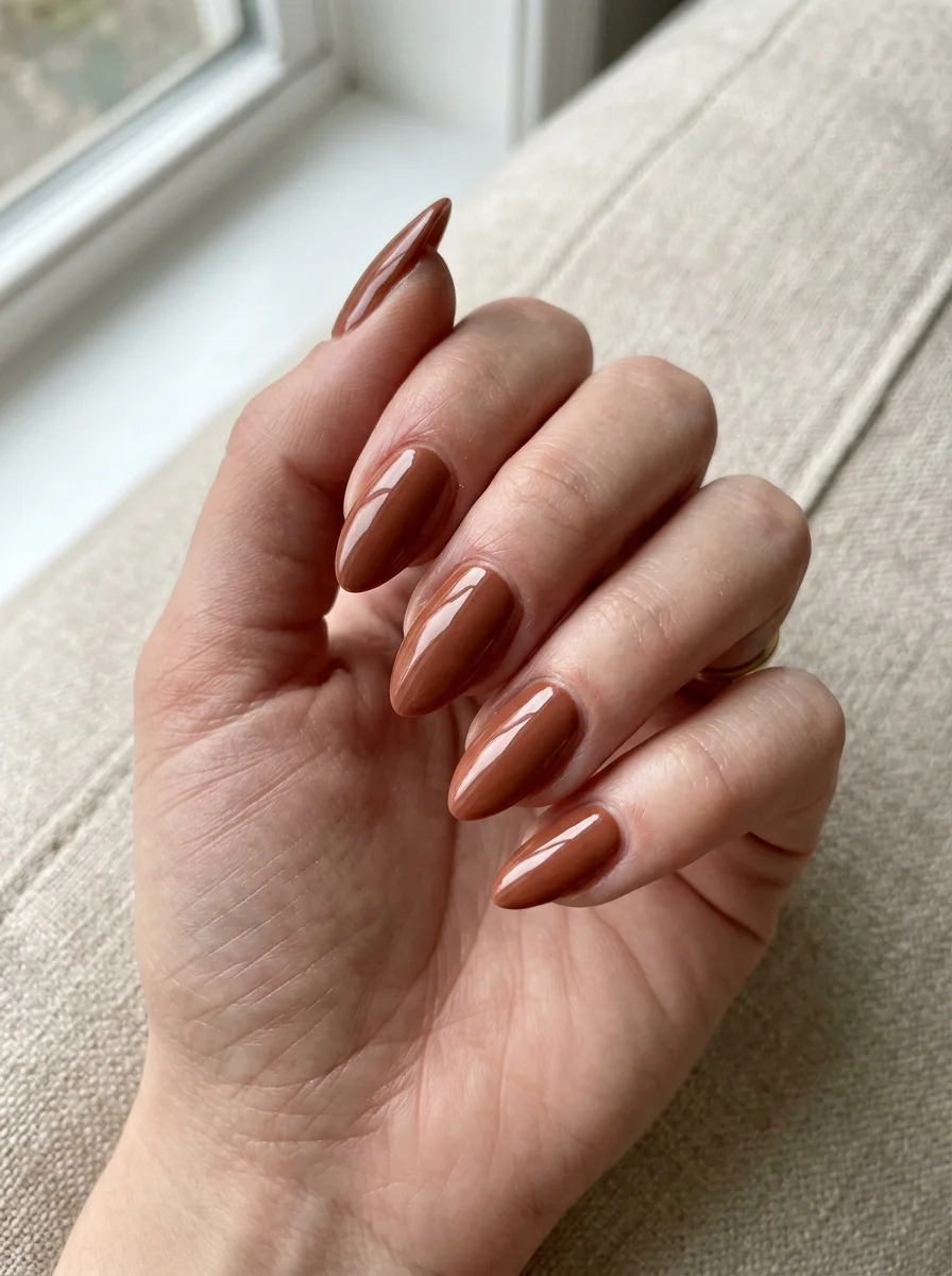Photorealistic close-up of a hand with a full set of almond nails in a warm muted rust brown with a glossy finish