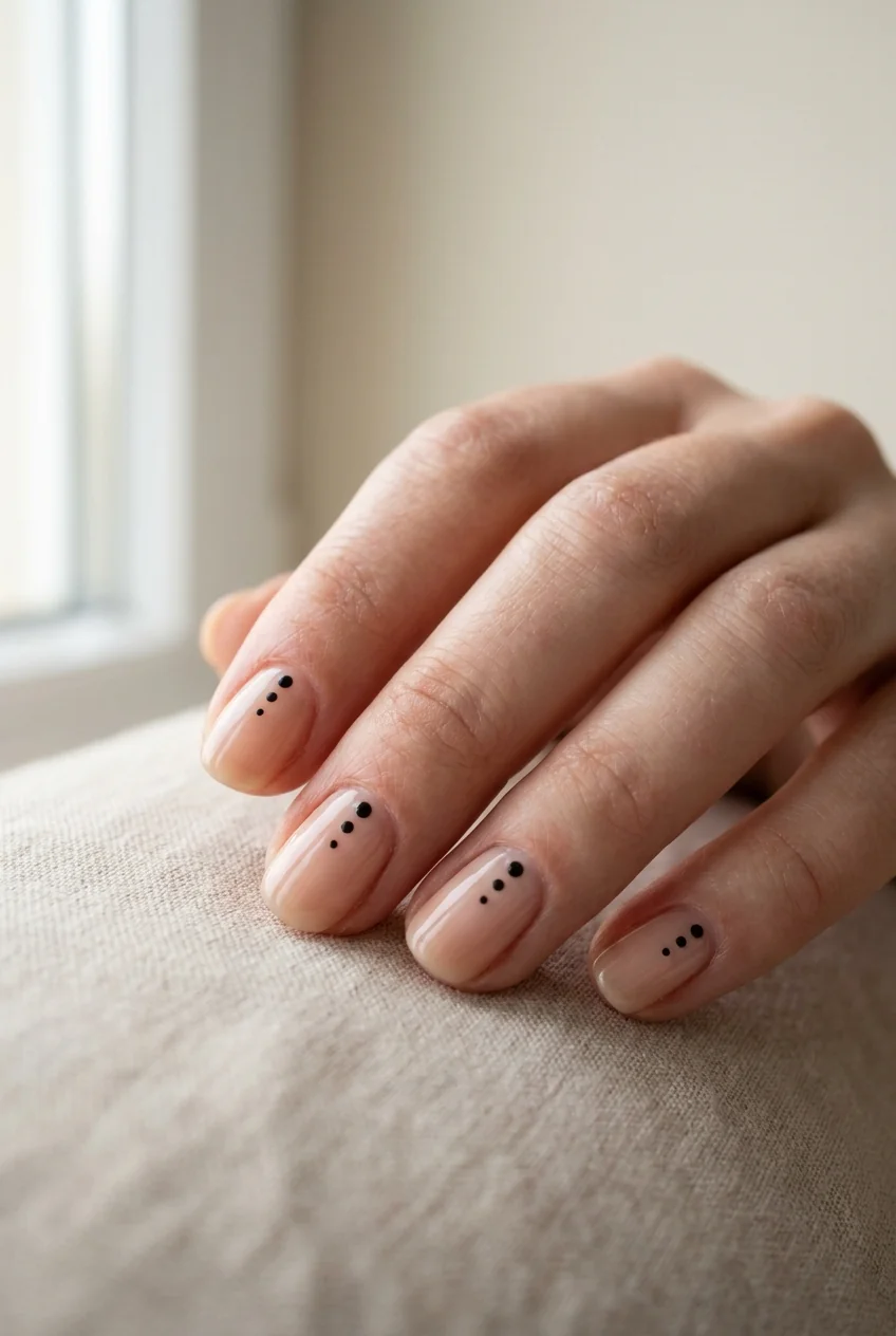 Black dot cluster on nude for short nails