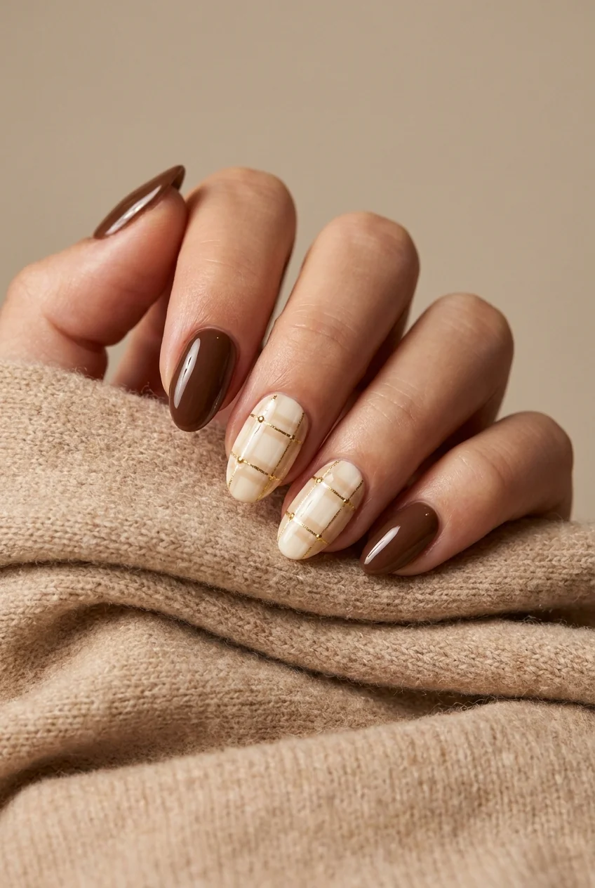 Brown and cream plaid for short nails