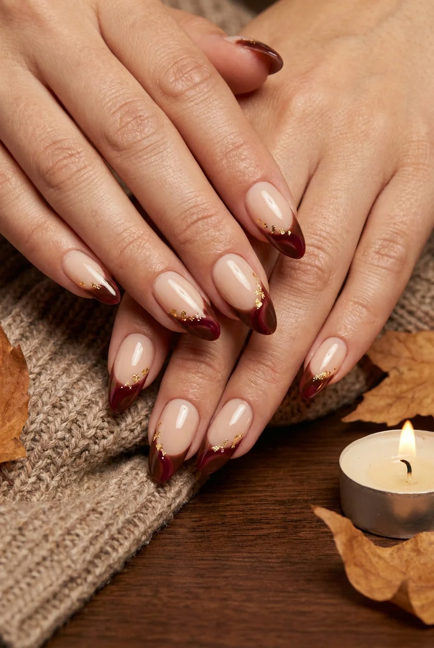 Burgundy and brown French tips for short nails
