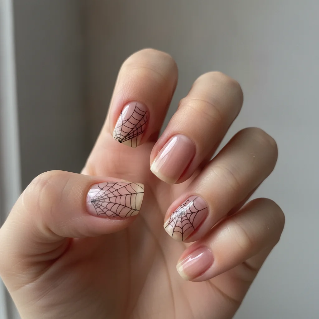 Corner web on nude for short nails
