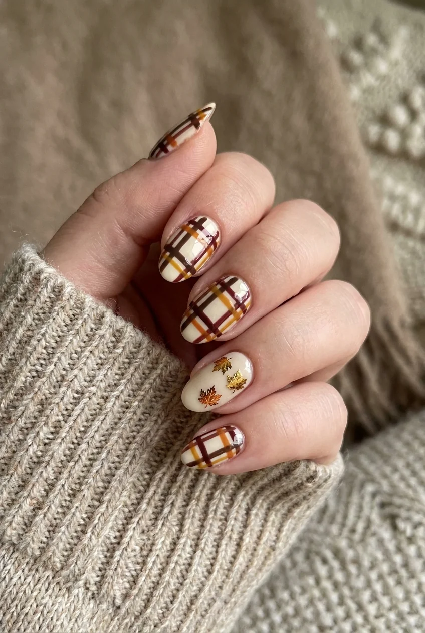 Cozy Thanksgiving plaid for short nails