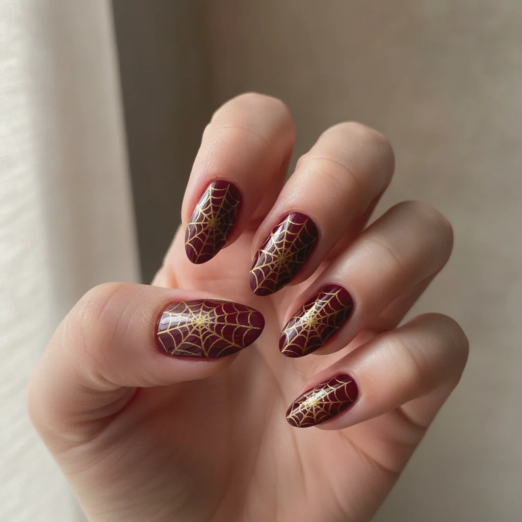 Gold web on burgundy for short nails