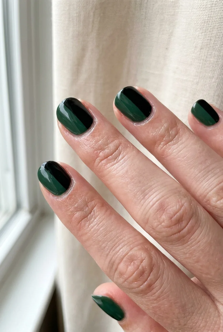 Green and black color block for short nails