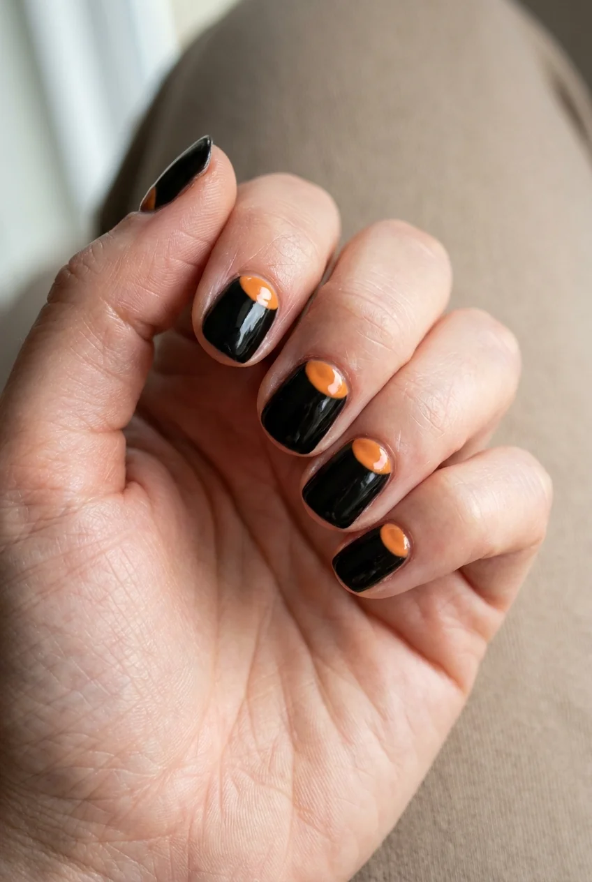 Orange and black half moon for short nails