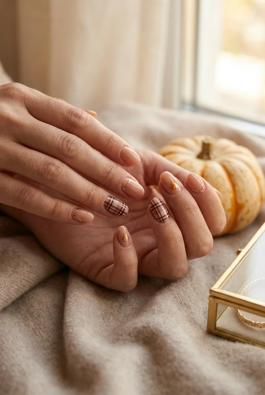 Plaid and gold accent nails for short nails