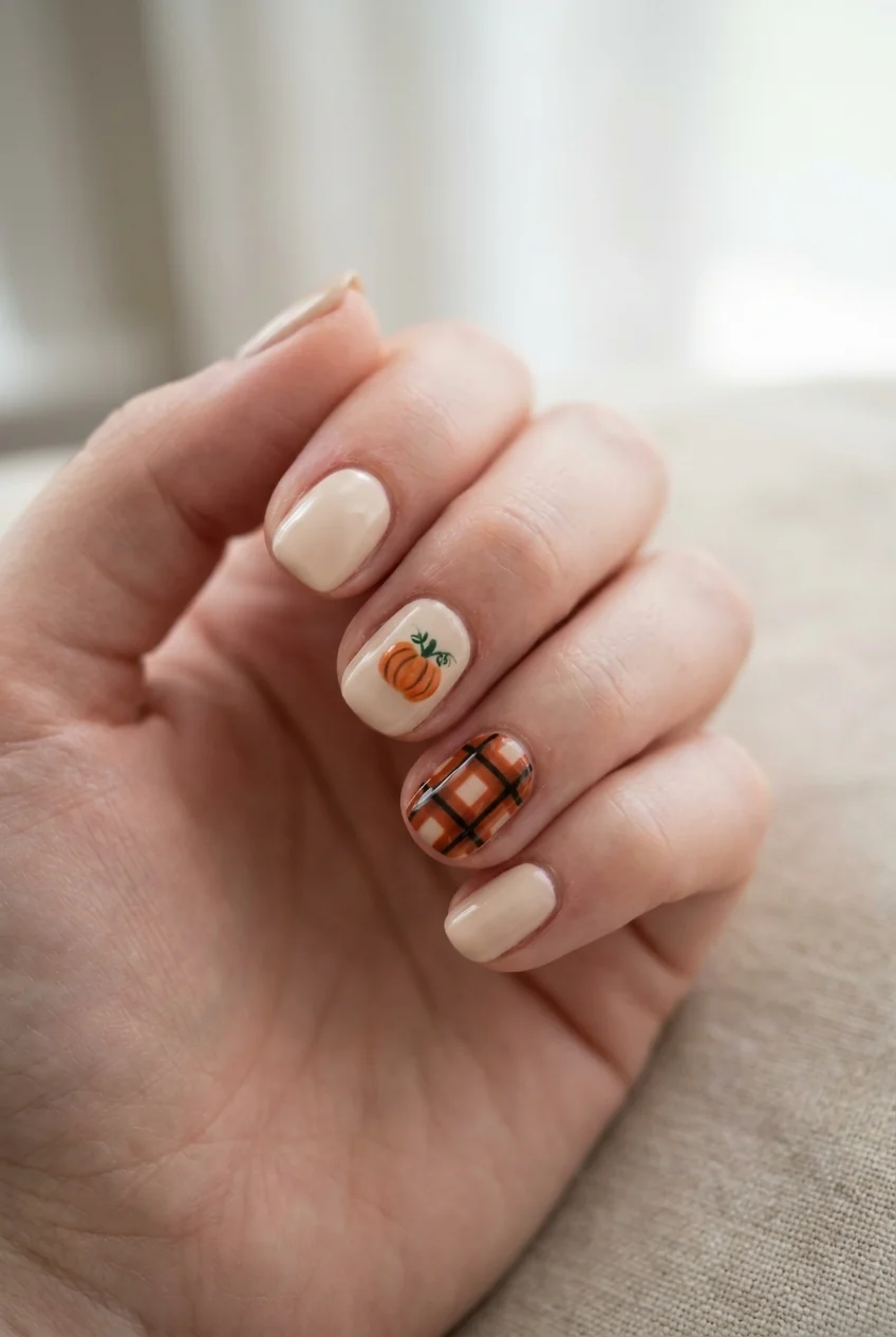 Pumpkin on plaid for short nails
