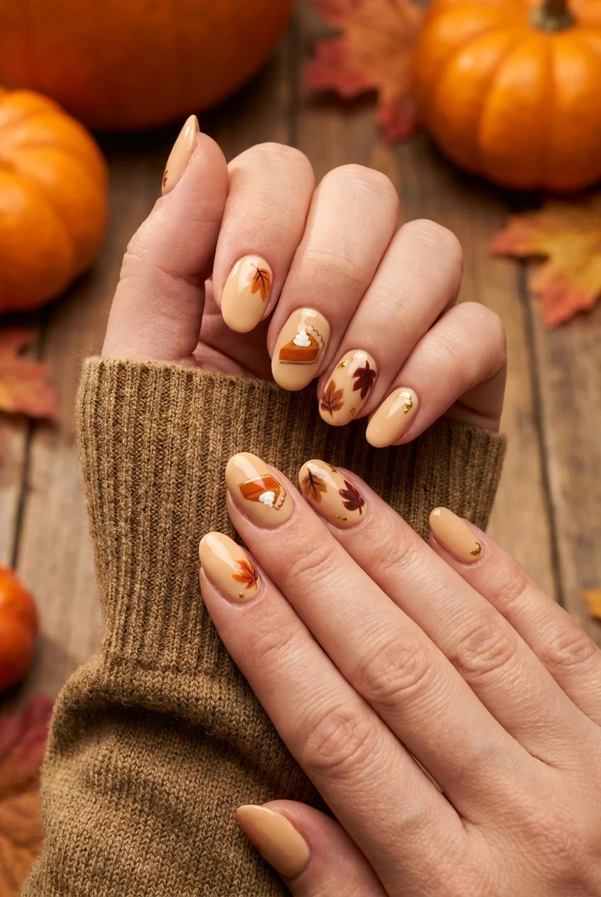 Pumpkin pie and fall leaves for short nails