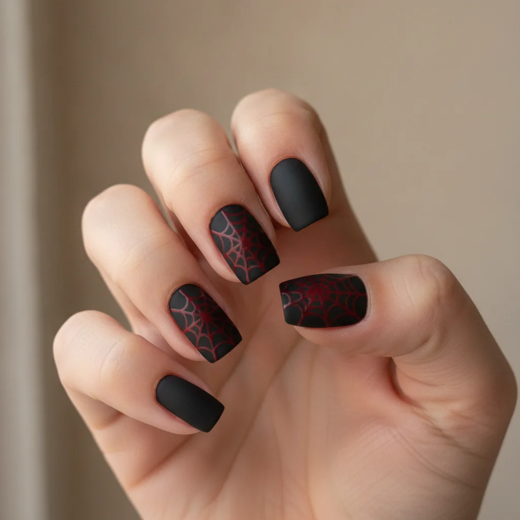 Red web on matte black for short nails
