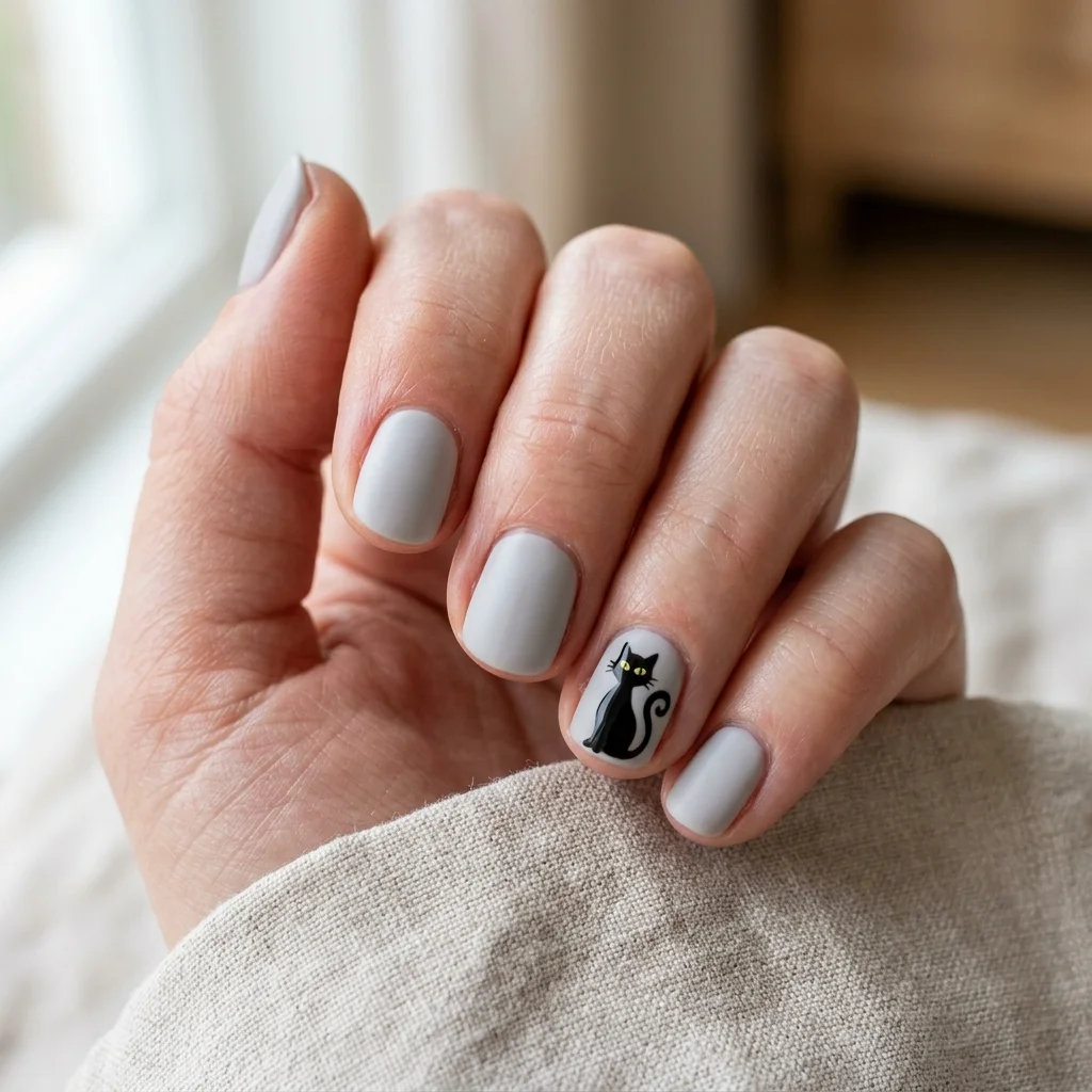 Short pale grey nails featuring a minimalist black cat accent silhouette for Halloween