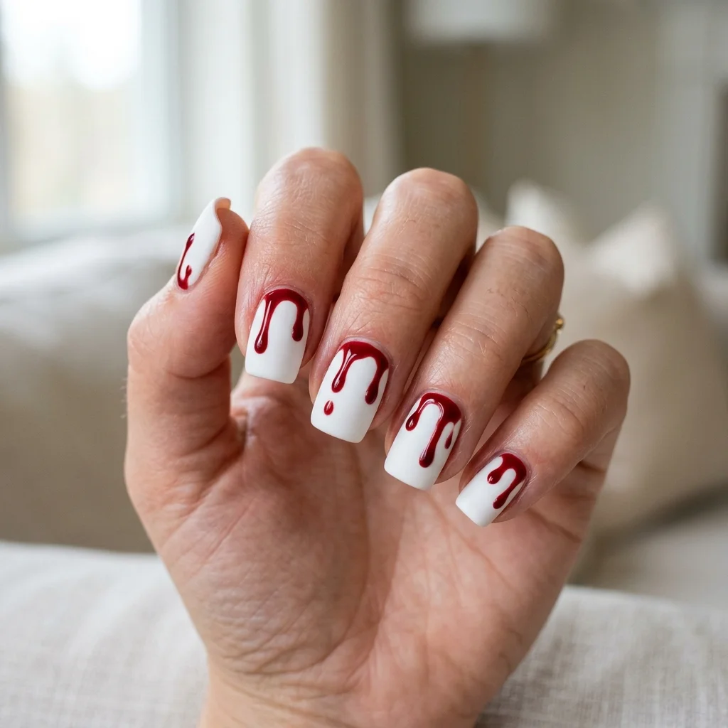 Short square white nails with deep red blood drip cuticle art for Halloween