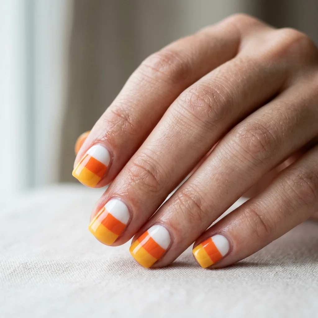 Short square nails featuring tri-color candy corn tip bands for Halloween