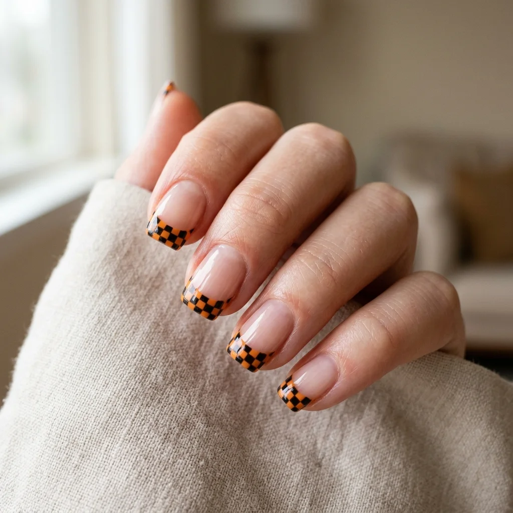 Short square nails with orange and black retro checkerboard French tips