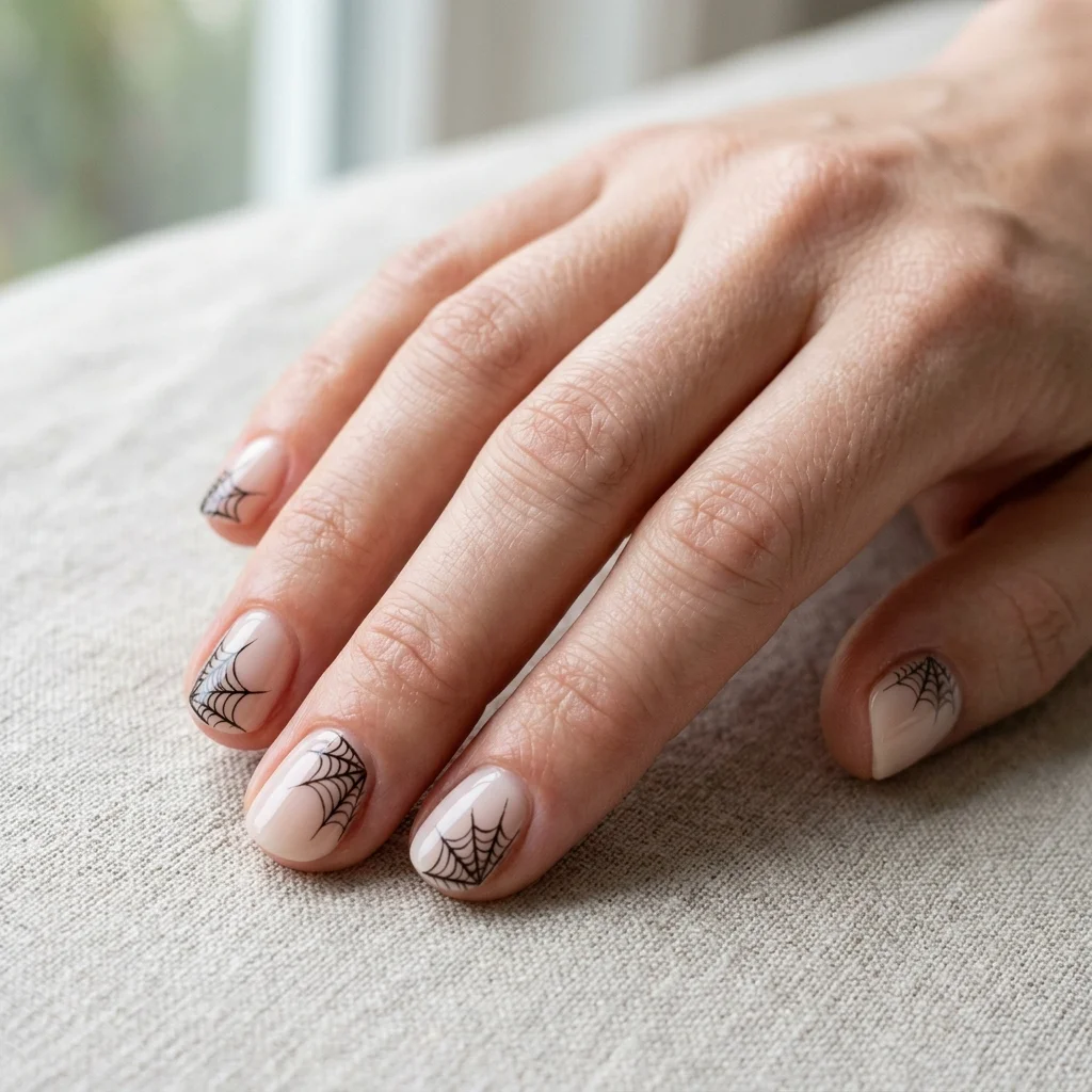 Short nude nails featuring fine black spiderweb nail art in the corners for Halloween