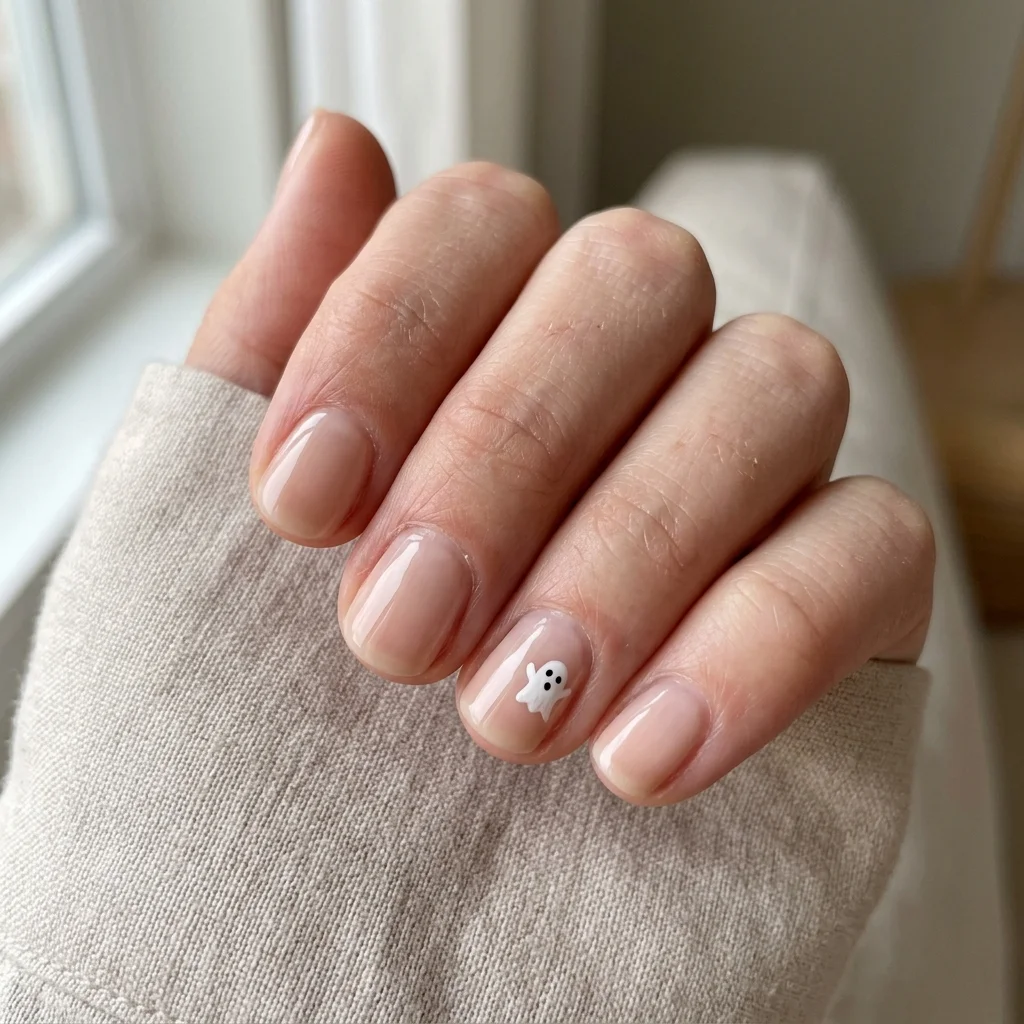 Short rounded nude nails featuring a subtle white ghost accent design for Halloween