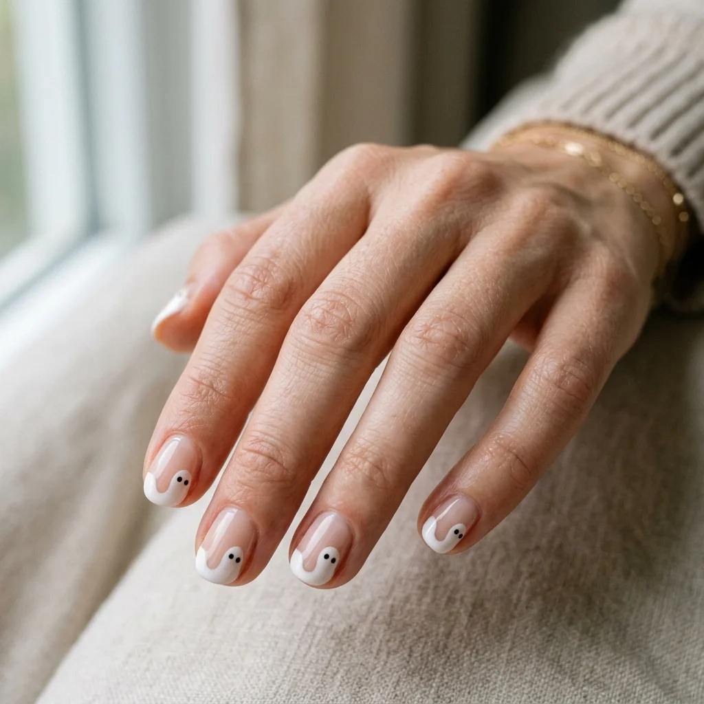 Short sheer nails with wavy white ghost hem French tips and black eyes for Halloween