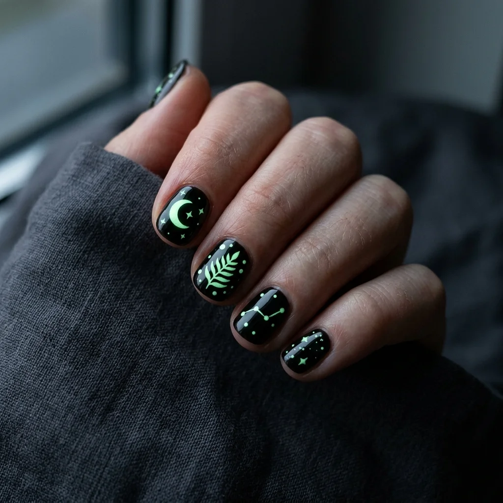Short glossy black nails with glowing pale green celestial Halloween motifs