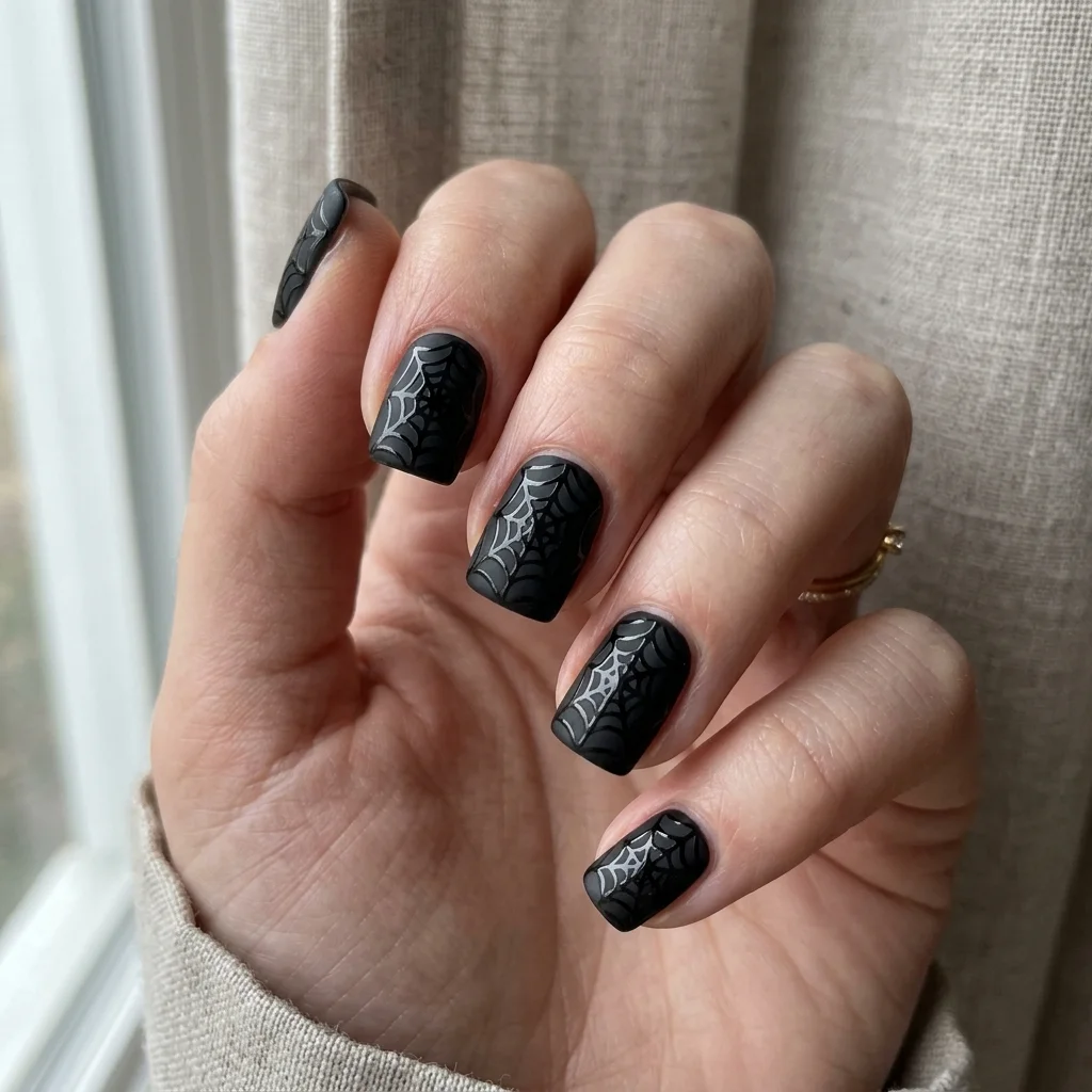 Matte black short square nails with glossy spiderweb nail art for Halloween
