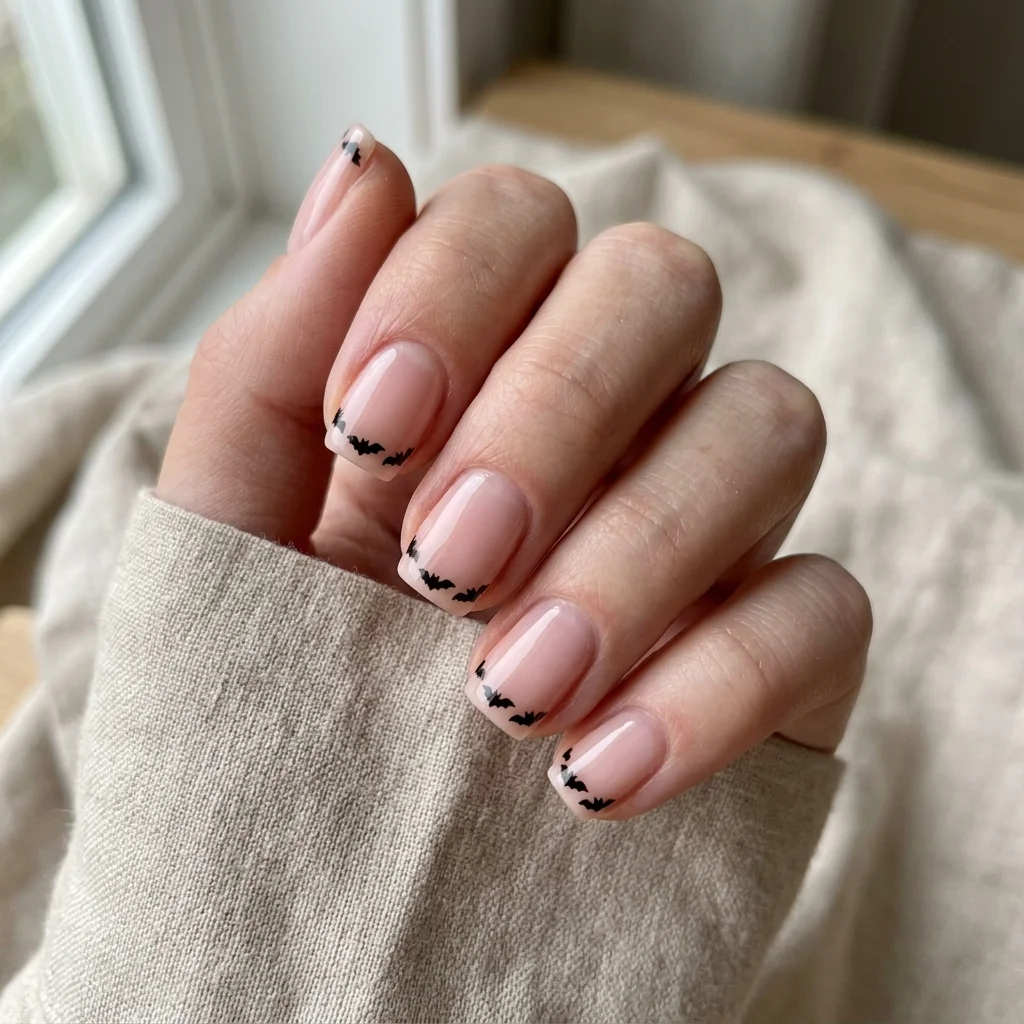 Short square sheer pink nails with delicate micro bat French tips for Halloween