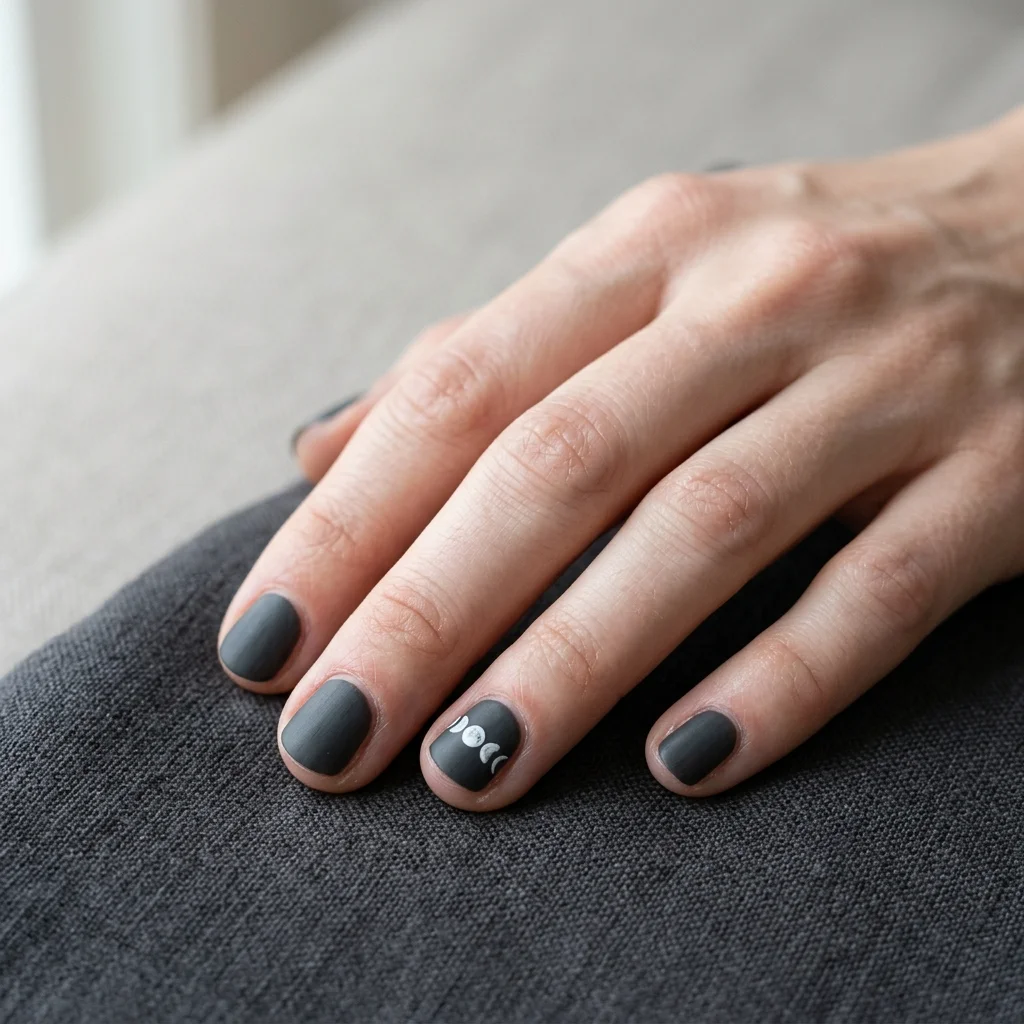 Short charcoal nails with delicate white lunar moon phase accent nail art