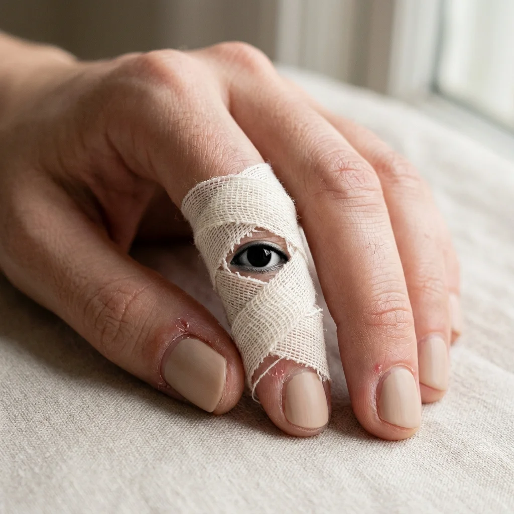 Short beige nails wrapped in crisscrossing mummy bandages with an accent eye
