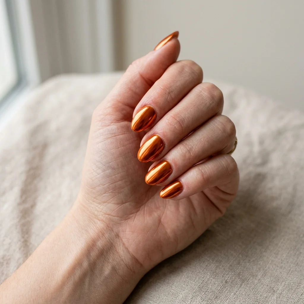 Burnt orange mirror chrome short almond nails for autumn and Halloween