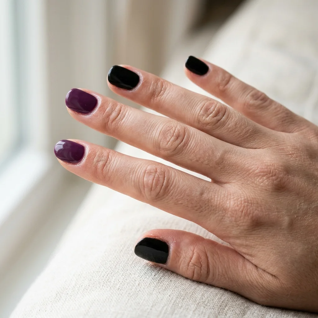 Short nails alternating between solid deep purple and solid black for Halloween